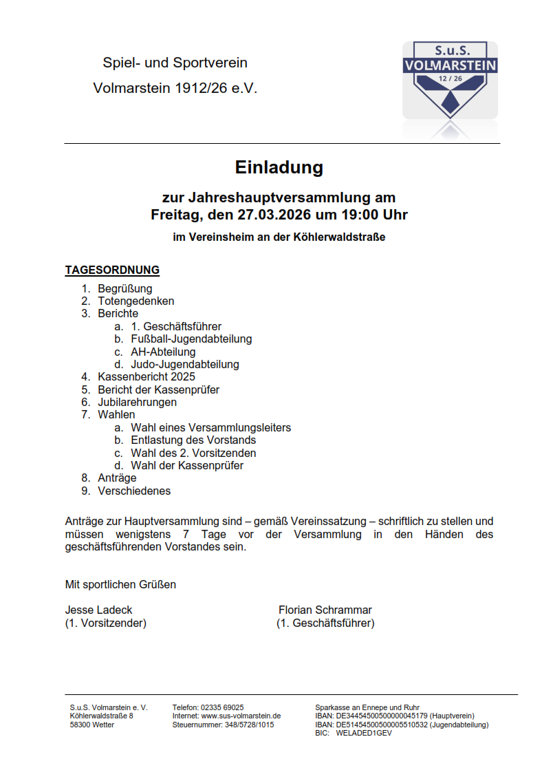 Einladung zur Jahreshauptversammlung am 27.03.2026